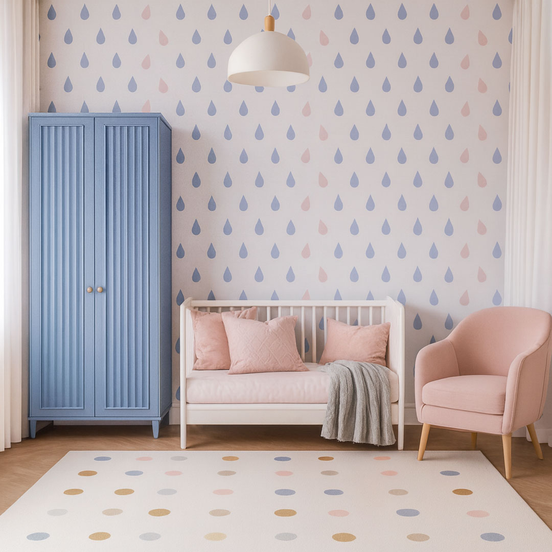 Tapeta KROPLE WODY, DESZCZU, kolory: Serenity i Rose Quartz (niebieski i różowy) - Dekoori zdjęcie 2
