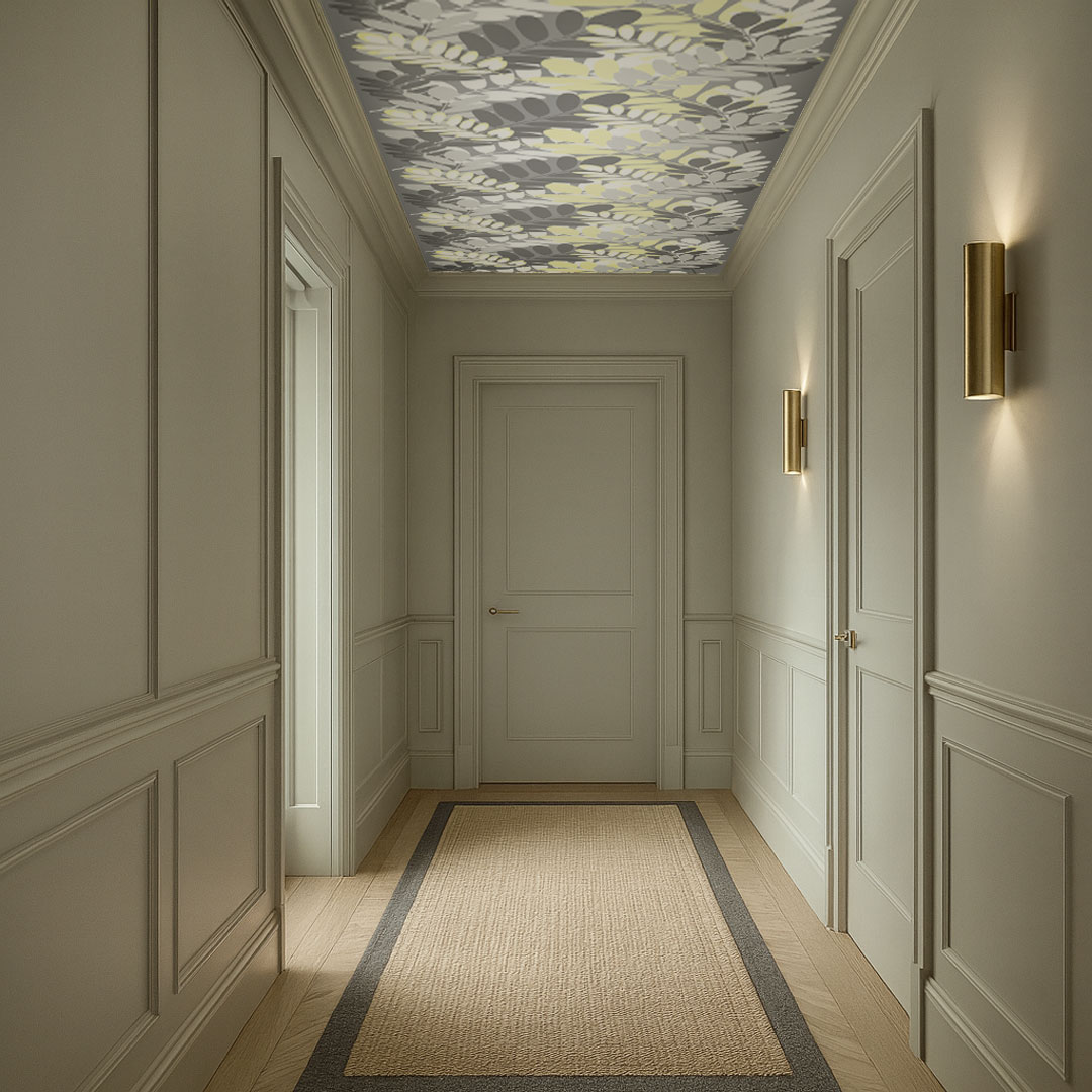 Tapeta LIŚCIE AKACJI szaro-biało-żółta, motyw roślinny - Dekoori zdjęcie 4