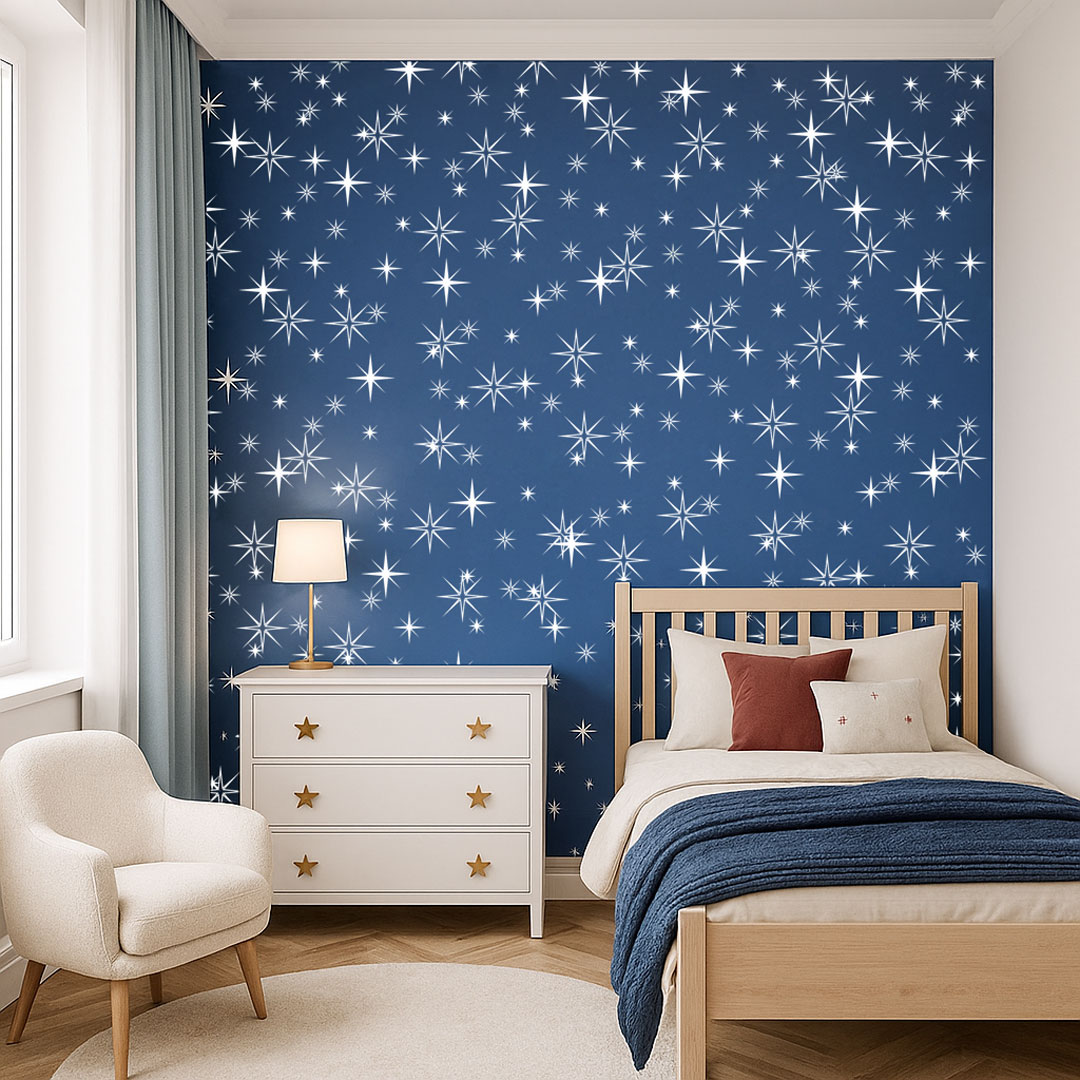 Tapeta migoczące gwiazdy niebiesko-biała kolor PANTONE Classic Blue - Dekoori zdjęcie 2