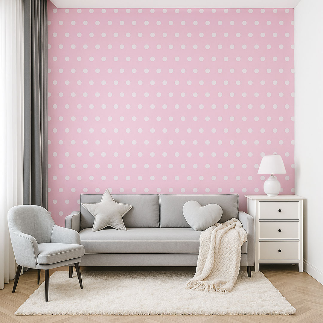 Tapeta różowa w białe kropki, groszki, polka dot 5 cm - Dekoori zdjęcie 2