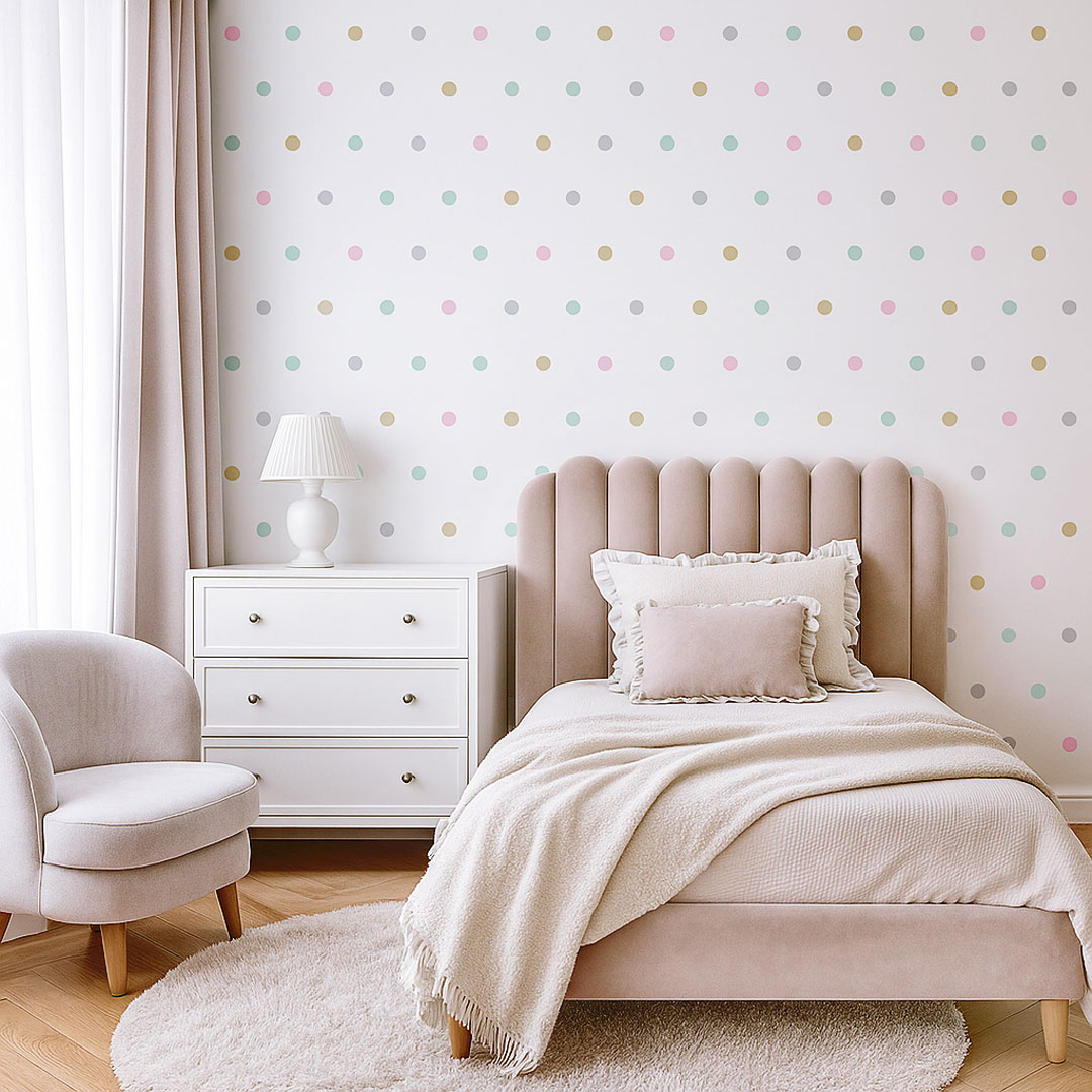 Tapeta w kolorowe pastelowe kropki, groszki, polka dot 5 cm - Dekoori zdjęcie 2