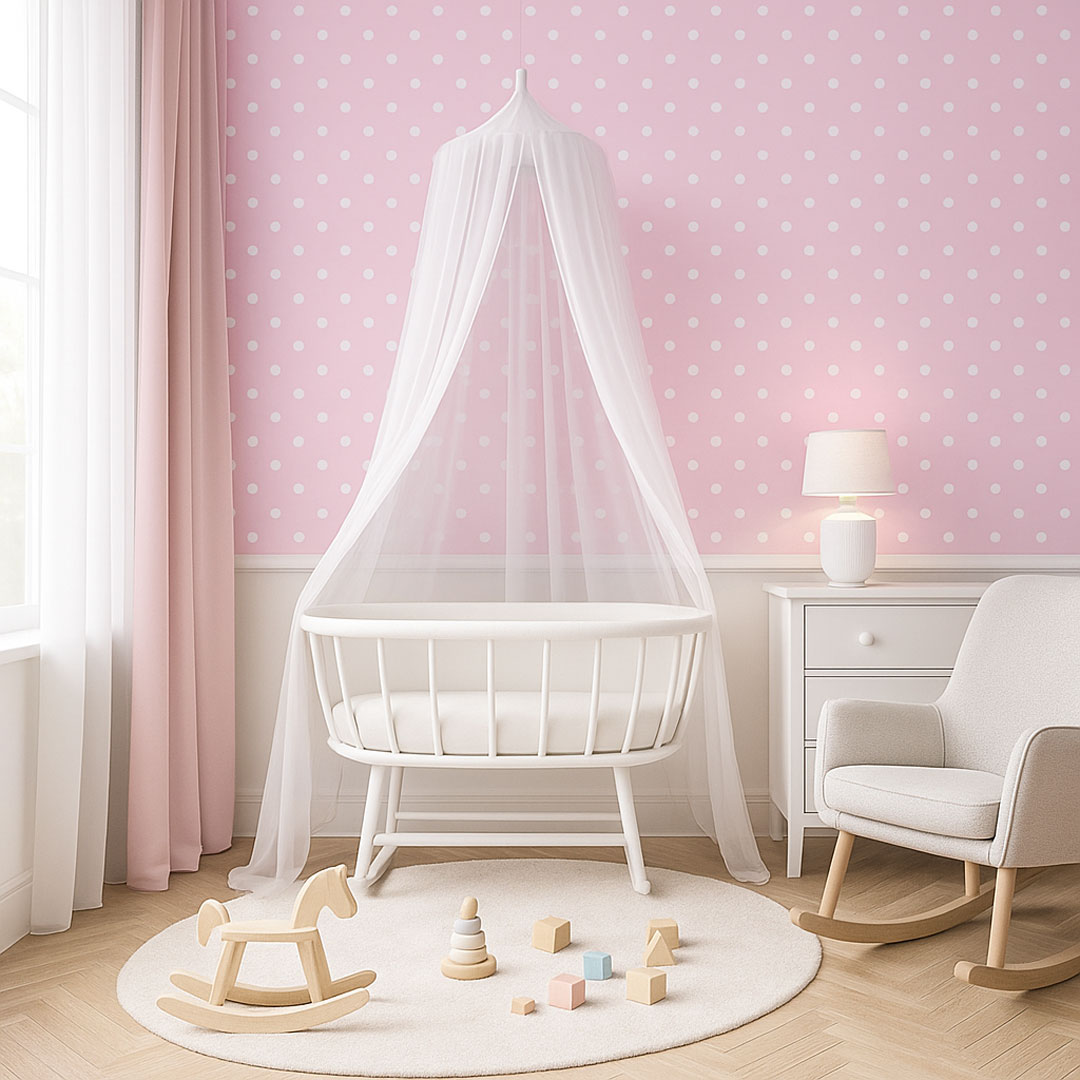 Różowa tapeta w małe białe kropki, groszki, polka dot 2 cm - Dekoori zdjęcie 2
