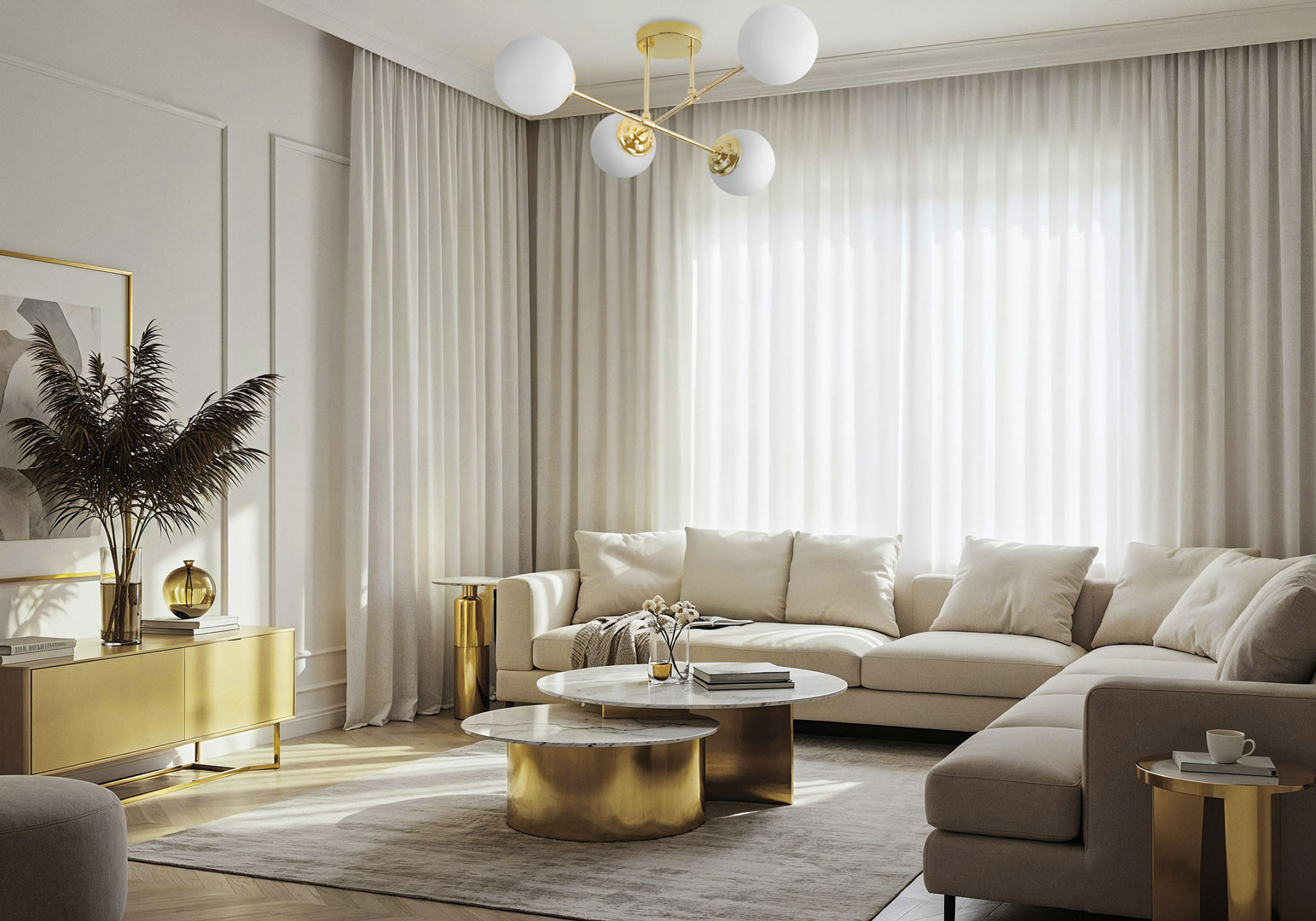 Złota lampa sufitowa asymetryczna, metalowe rurki, białe kule, klasyczne złoto - FINO - Lampit zdjęcie 2