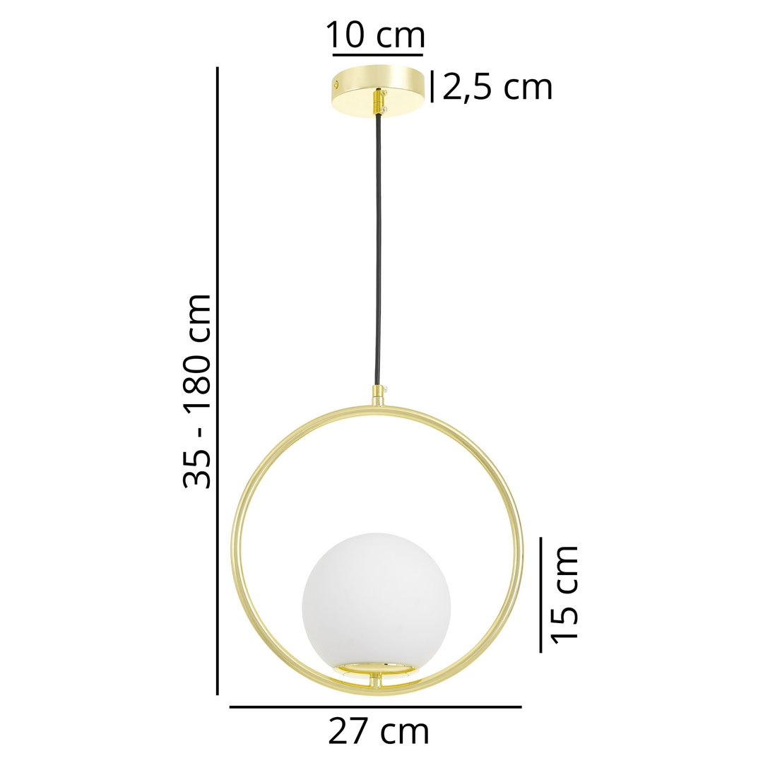 Złota lampa wisząca, biały szklany klosz kula, metalowy złoty okrąg - VERO 1A