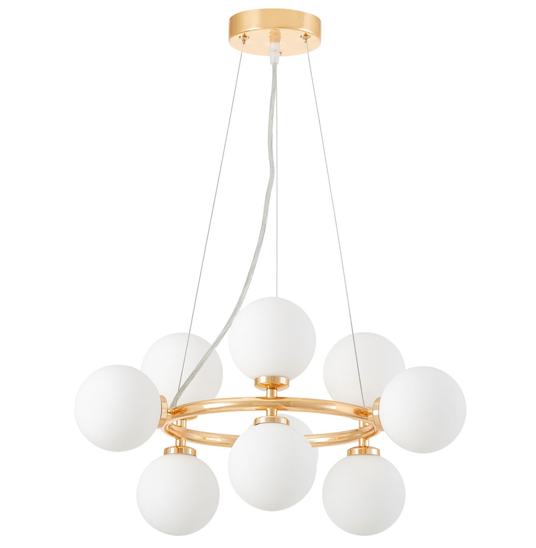 Złota lampa wisząca okrągła, białe klosze, żyrandol białe kule, francuskie złoto MARSIADA - Lumina Deco zdjęcie 1