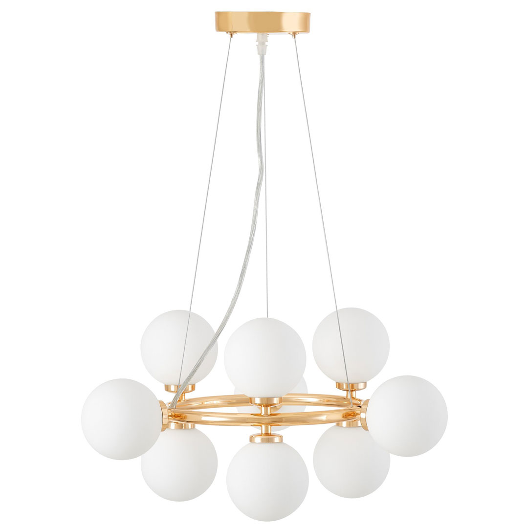 Złota lampa wisząca okrągła, białe klosze, żyrandol białe kule, francuskie złoto MARSIADA - Lumina Deco zdjęcie 2