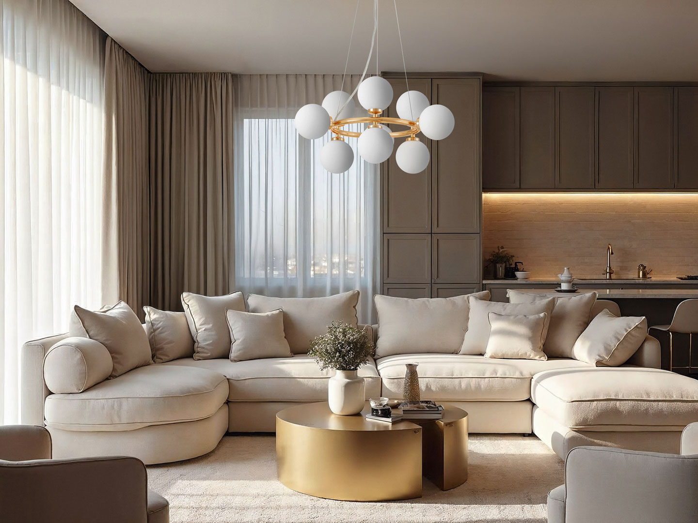 Złota lampa wisząca okrągła, białe klosze, żyrandol białe kule, francuskie złoto MARSIADA - Lumina Deco zdjęcie 4