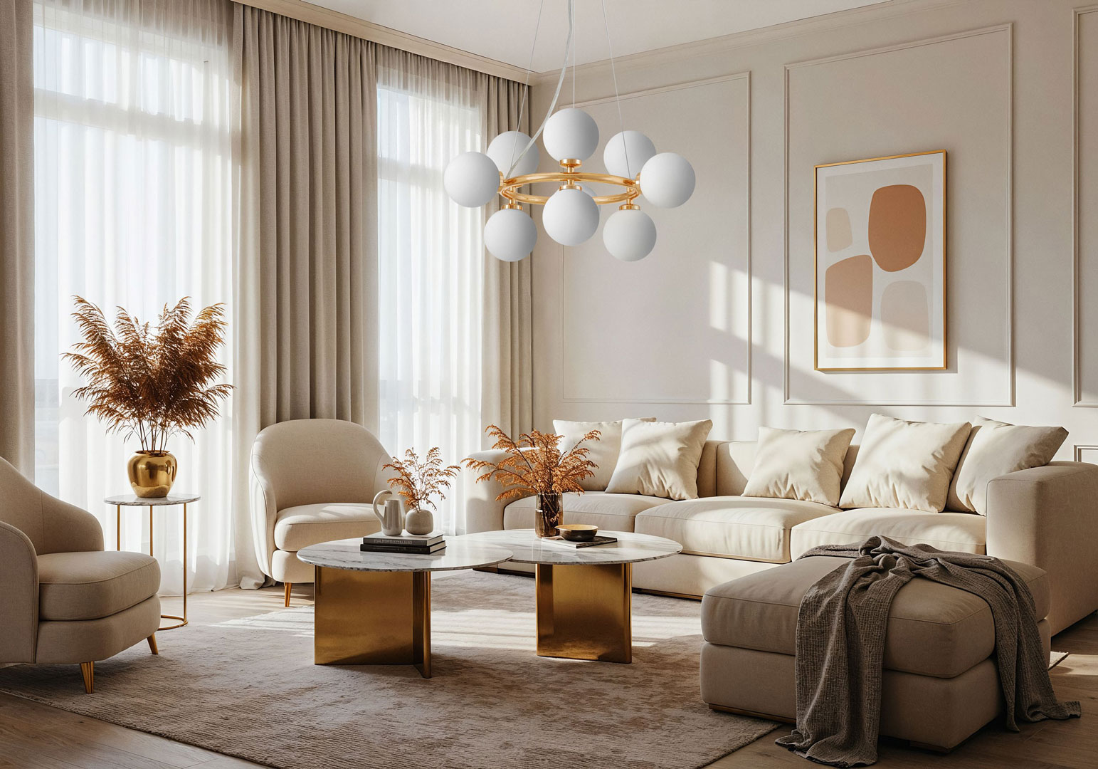 Złota lampa wisząca okrągła, białe klosze, żyrandol białe kule, francuskie złoto MARSIADA - Lumina Deco zdjęcie 2