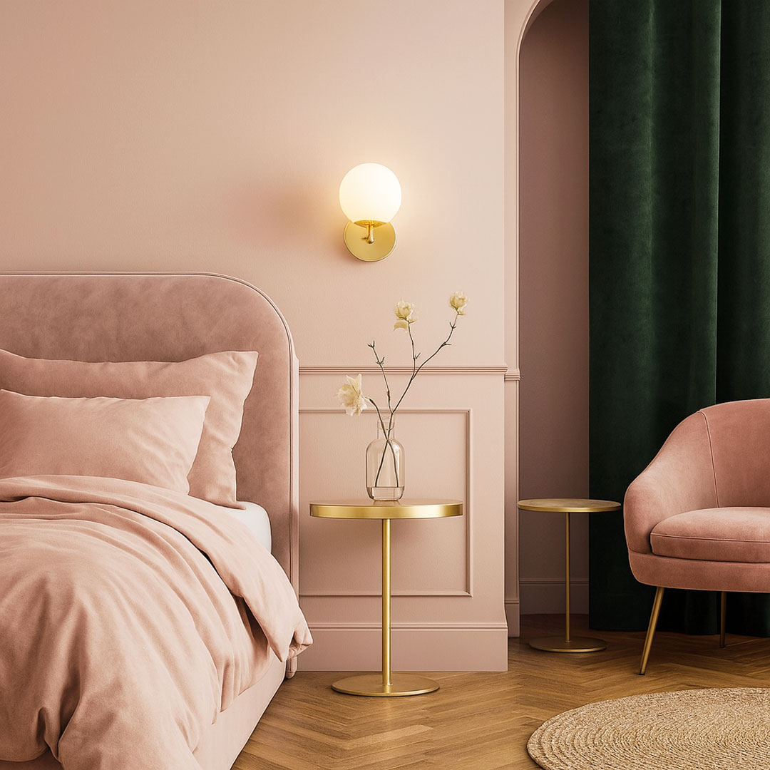 Złoty kinkiet kula, lampa na ścianę, biały szklany klosz, złoto klasyczne, styl glamour - FREDICA W1 - Lumina Deco zdjęcie 2