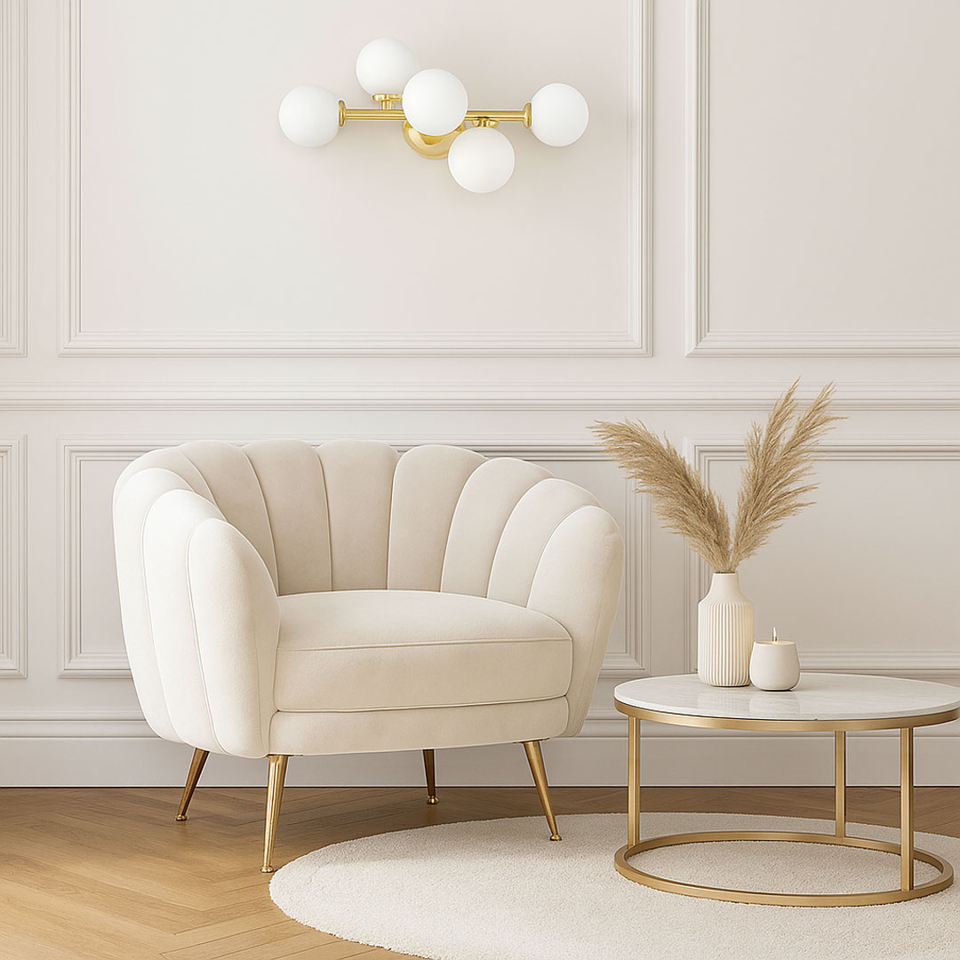Złoty kinkiet wielopunktowy, białe kule, szklane klosze, lampa ścienna, klasyczne złoto - MARSIADA - Lumina Deco zdjęcie 2