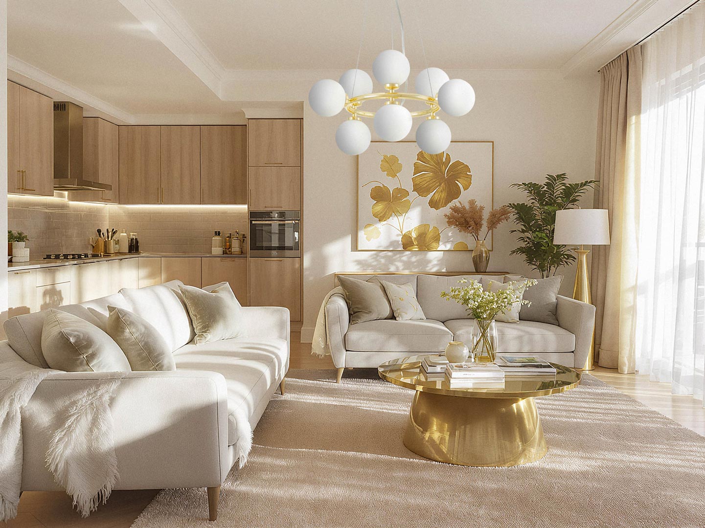 Złoty żyrandol, kule szklane białe, złoto klasyczne, lampa wisząca glamour - MARSIADA - Lumina Deco zdjęcie 2