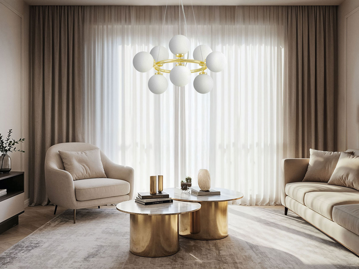 Złoty żyrandol, kule szklane białe, złoto klasyczne, lampa wisząca glamour - MARSIADA - Lumina Deco zdjęcie 4