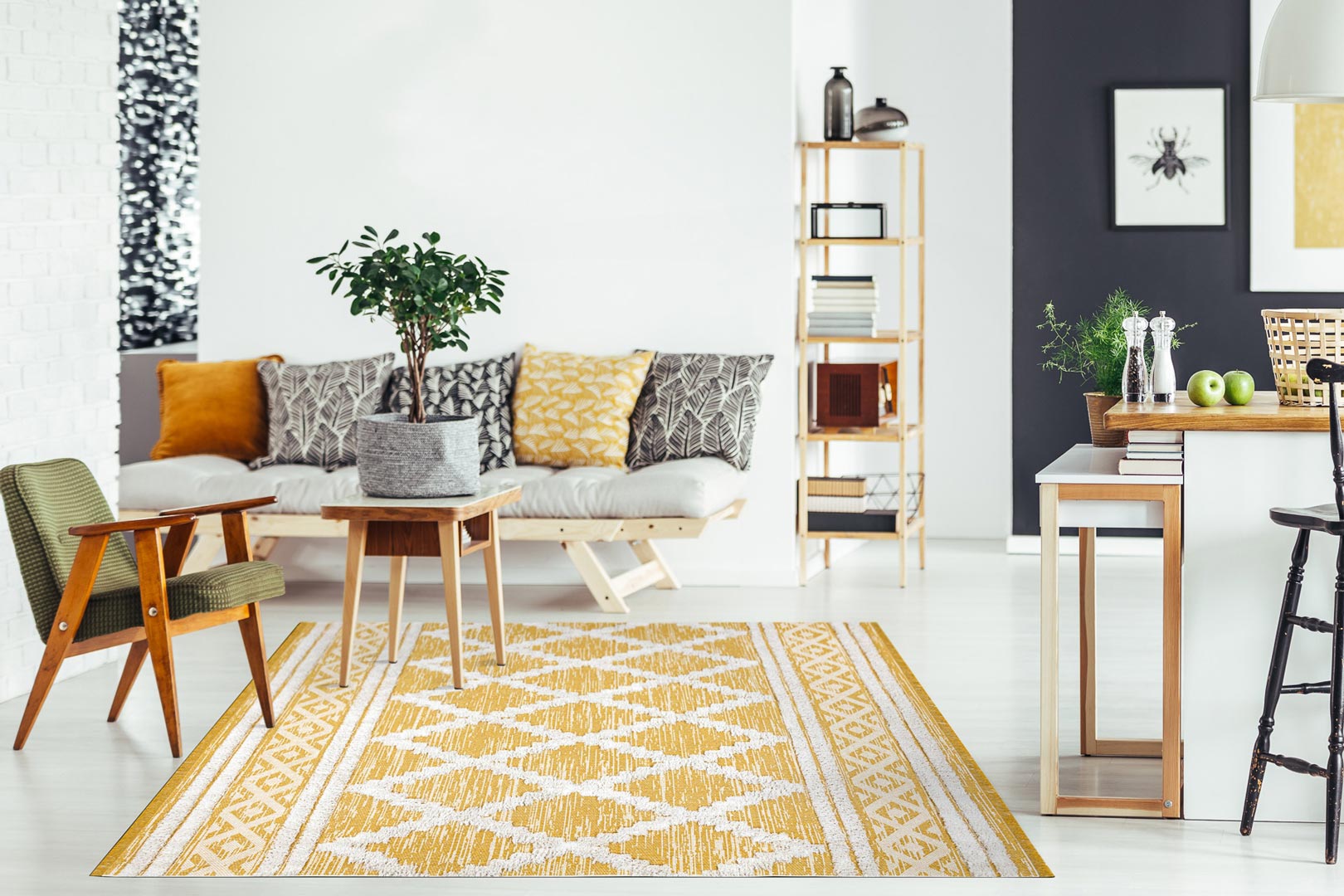 Żółto-biały dywan w romby z bawełny recyklingowanej, styl boho, ekologiczny, do prania - MOROC - Dywany Łuszczów zdjęcie 2