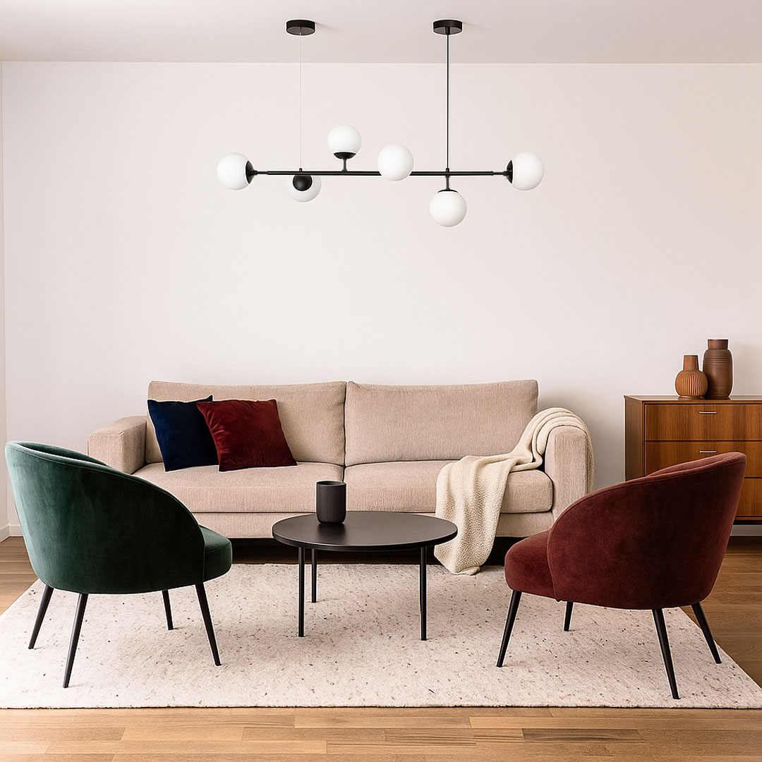 Lampa wisząca czarno-biała, szklane kule, metalowa poprzeczka, żyrandol - CEREDO W6 - Lumina Deco zdjęcie 2